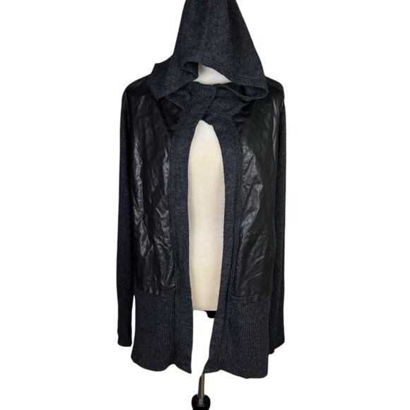 DEMOO PARKCHOONMOO Dark Gray Knit Black Leather Hooded Layering Cardigan Jacket - Picture 1 of 15